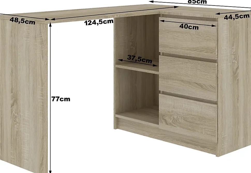 Bureau AKORD d'angle droit B16 Chêne Sonoma 124 cm 3 tiroirs façade Blanche 2 étagères 124x85x77 cm