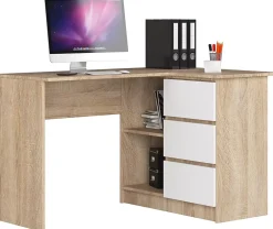 Bureau AKORD d'angle droit B16 Chêne Sonoma 124 cm 3 tiroirs façade Blanche 2 étagères 124x85x77 cm