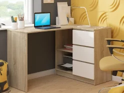 Bureau AKORD d'angle droit B16 Chêne Sonoma 124 cm 3 tiroirs façade Blanche 2 étagères 124x85x77 cm