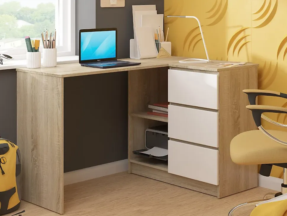 Bureau AKORD d'angle droit B16 Chêne Sonoma 124 cm 3 tiroirs façade Blanche 2 étagères 124x85x77 cm