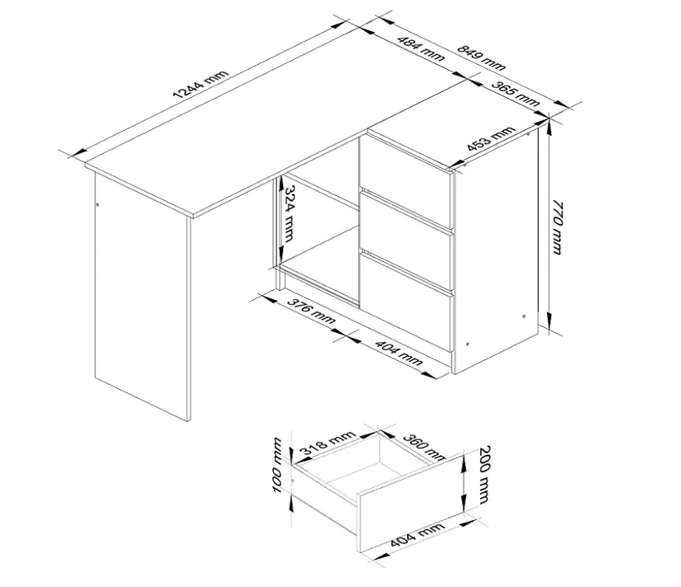 Bureau AKORD d'angle droit B16 Chêne Craft 124 cm 3 tiroirs façade Chêne Craft 2 étagères 124x85x77 cm