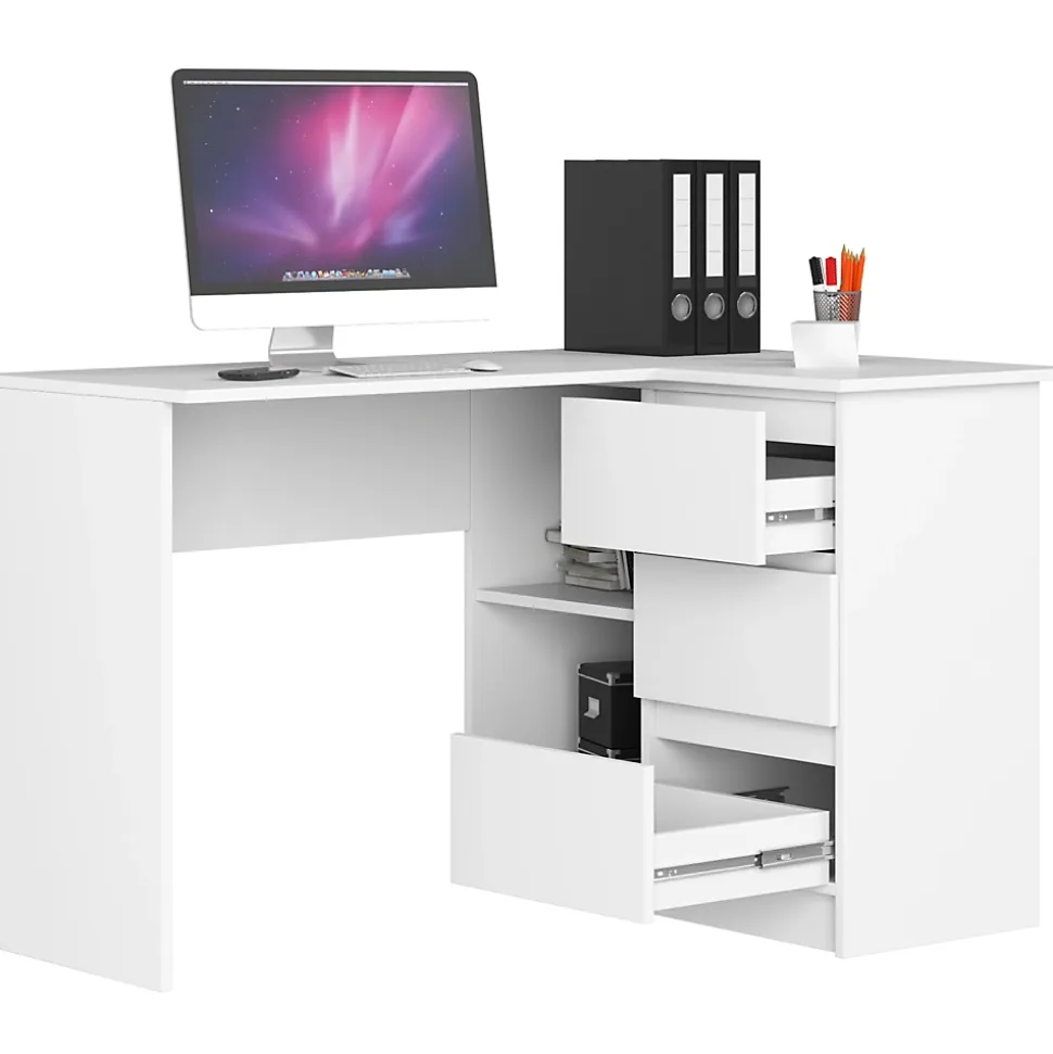 Bureau AKORD d'angle droit B16 Blanc 124 cm 3 tiroirs façade Blanche 2 étagères 124x85x77 cm