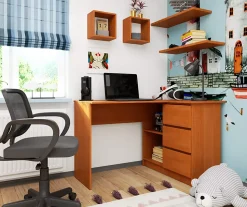 Bureau AKORD d'angle droit B16 Aulne 124 cm 3 tiroirs façade Aulne 2 étagères 124x85x77 cm