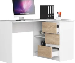 Bureau AKORD d'angle droit B16 Blanc 124 cm 3 tiroirs façade Chêne Sonoma 2 étagères 124x85x77 cm