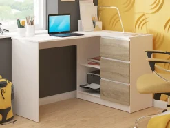 Bureau AKORD d'angle droit B16 Blanc 124 cm 3 tiroirs façade Chêne Sonoma 2 étagères 124x85x77 cm