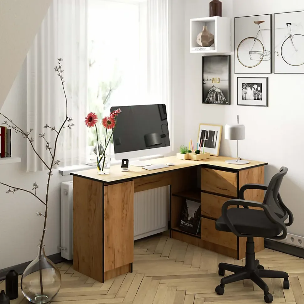 Bureau AKORD d'angle droit B20 Chêne Craft 155 cm 1 porte 3 tiroirs façade Chêne Craft 4 étagères 155x85x77 cm