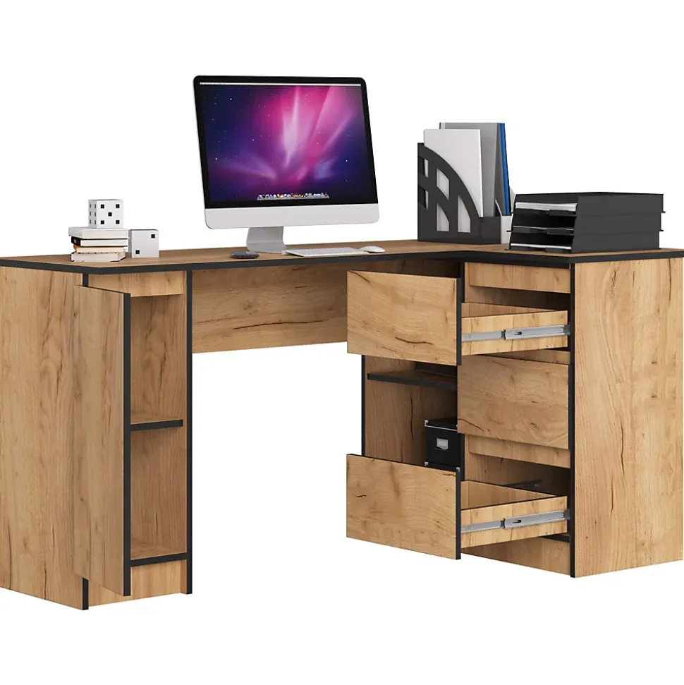 Bureau AKORD d'angle droit B20 Chêne Craft 155 cm 1 porte 3 tiroirs façade Chêne Craft 4 étagères 155x85x77 cm
