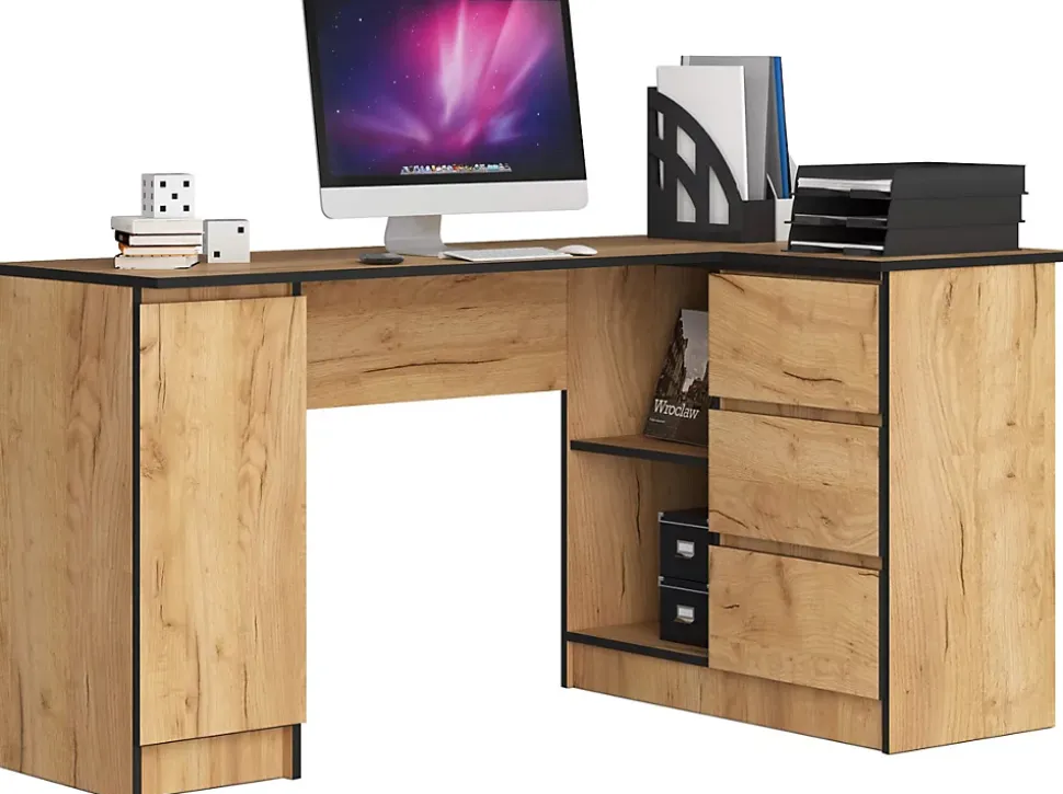 Bureau AKORD d'angle droit B20 Chêne Craft 155 cm 1 porte 3 tiroirs façade Chêne Craft 4 étagères 155x85x77 cm