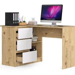 Bureau AKORD d'angle gauche B16 Chêne Artisan 124 cm 3 tiroirs façade Blanche 2 étagères 124x85x77 cm