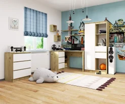 Bureau AKORD d'angle gauche B16 Chêne Artisan 124 cm 3 tiroirs façade Blanche 2 étagères 124x85x77 cm