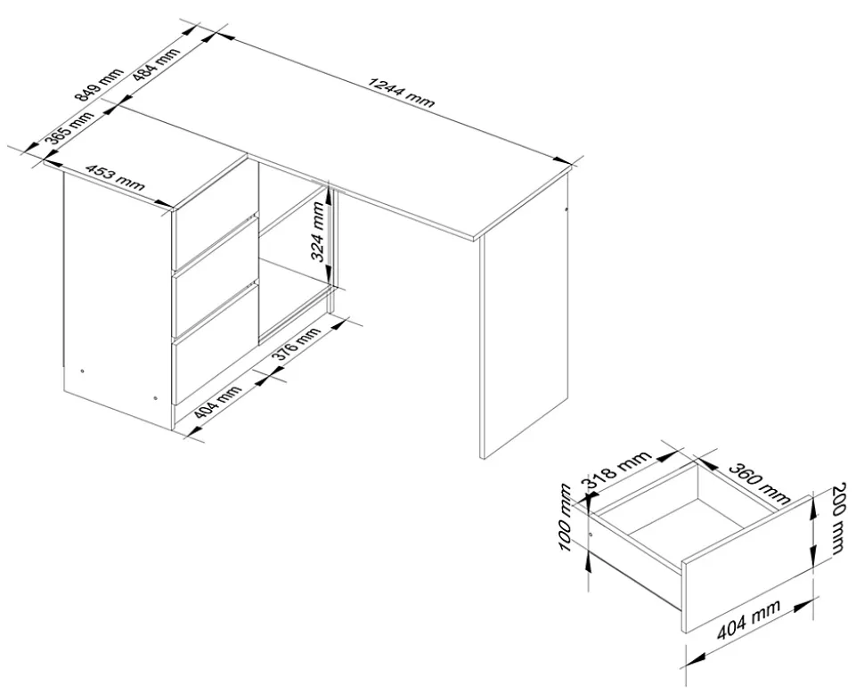 Bureau AKORD d'angle gauche B16 Blanc 124 cm 3 tiroirs façade Chêne Sonoma 2 étagères 124x85x77 cm