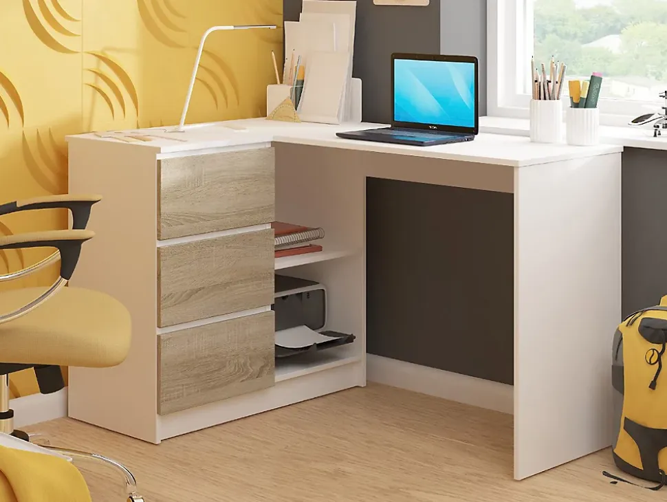 Bureau AKORD d'angle gauche B16 Blanc 124 cm 3 tiroirs façade Chêne Sonoma 2 étagères 124x85x77 cm