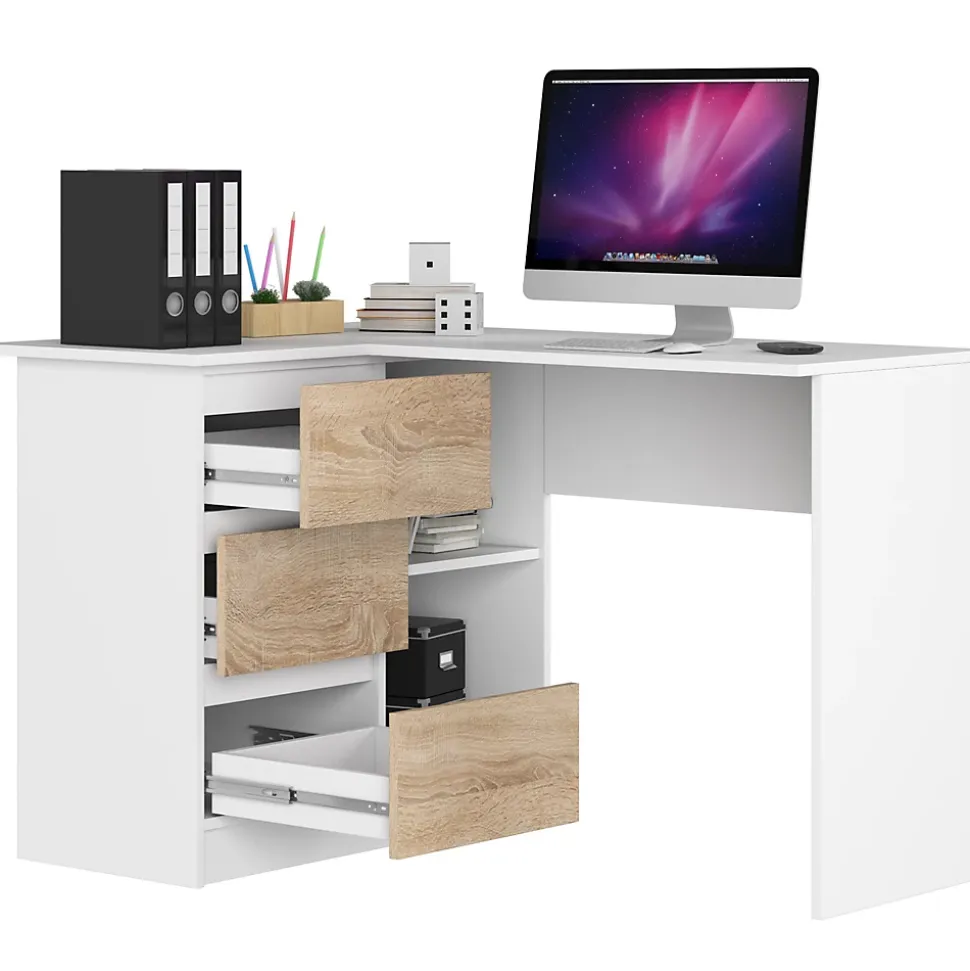 Bureau AKORD d'angle gauche B16 Blanc 124 cm 3 tiroirs façade Chêne Sonoma 2 étagères 124x85x77 cm