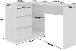 Bureau AKORD d'angle gauche B16 Chêne Craft 124 cm 3 tiroirs façade Chêne Craft 2 étagères 124x85x77 cm