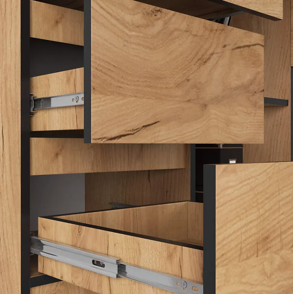 Bureau AKORD d'angle gauche B16 Chêne Craft 124 cm 3 tiroirs façade Chêne Craft 2 étagères 124x85x77 cm
