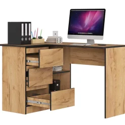 Bureau AKORD d'angle gauche B16 Chêne Craft 124 cm 3 tiroirs façade Chêne Craft 2 étagères 124x85x77 cm