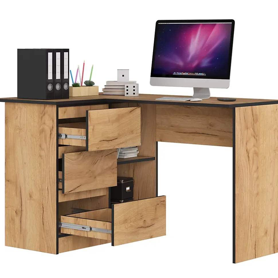Bureau AKORD d'angle gauche B16 Chêne Craft 124 cm 3 tiroirs façade Chêne Craft 2 étagères 124x85x77 cm
