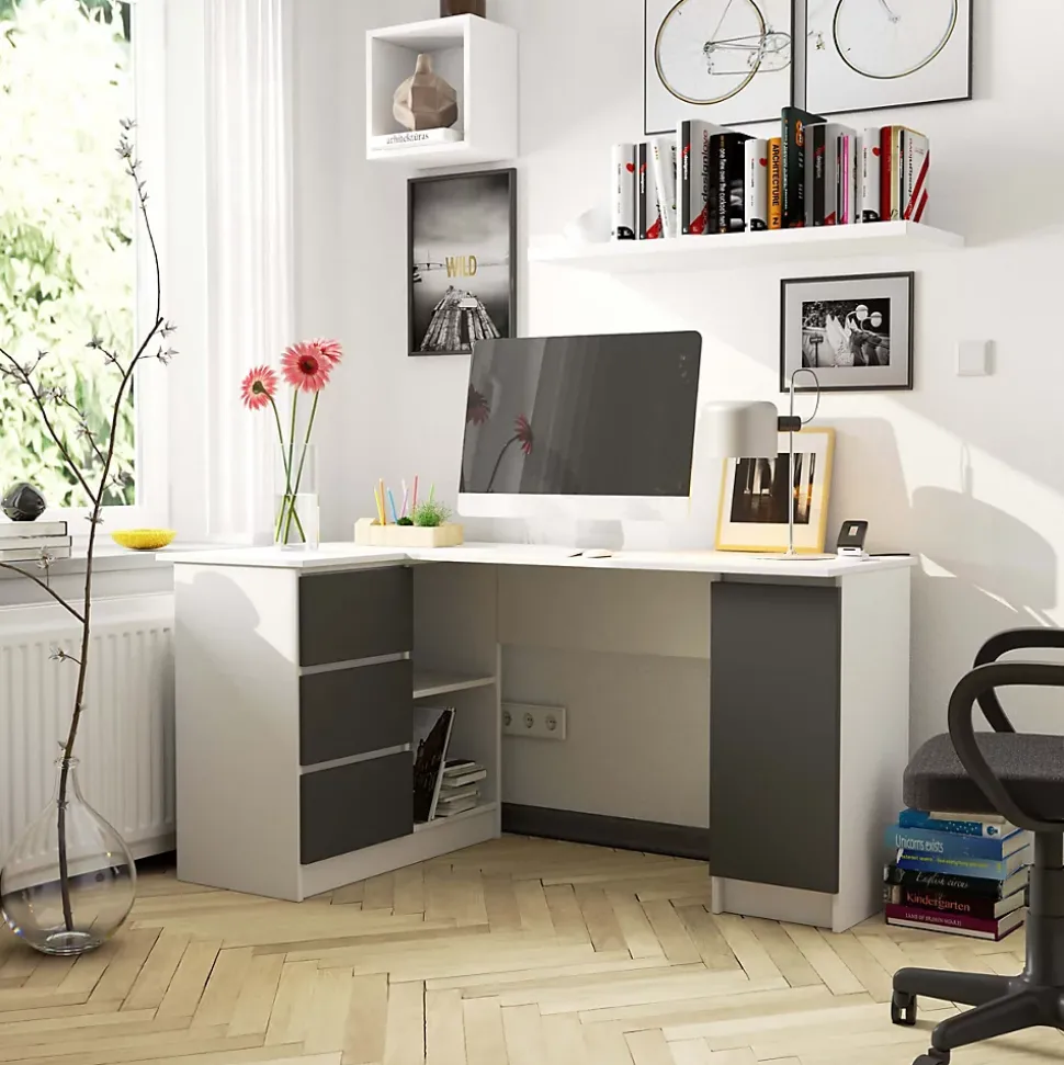 Bureau AKORD d'angle gauche B20 Blanc 155 cm 1 porte 3 tiroirs façade Gris Graphite 4 étagères 155x85x77 cm