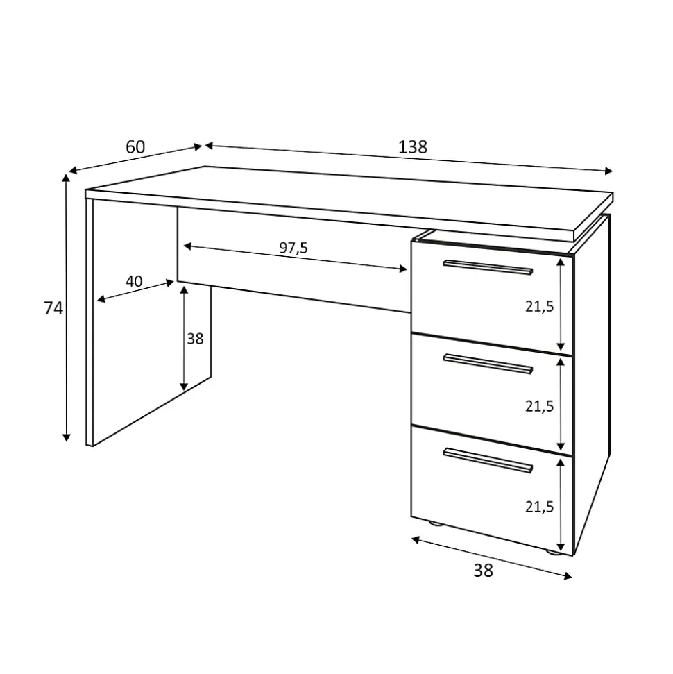 Bureau Alimet, Bureau moderne, Table d'étude avec commode avec 2 tiroirs et 1 porte, 138x60h74 cm, Blanc