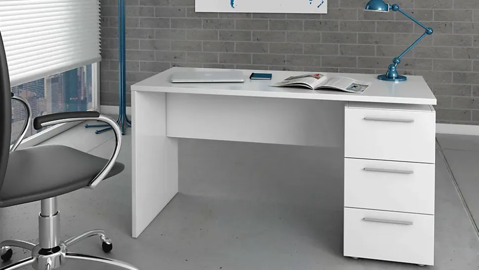 Bureau Alimet, Bureau moderne, Table d'étude avec commode avec 2 tiroirs et 1 porte, 138x60h74 cm, Blanc