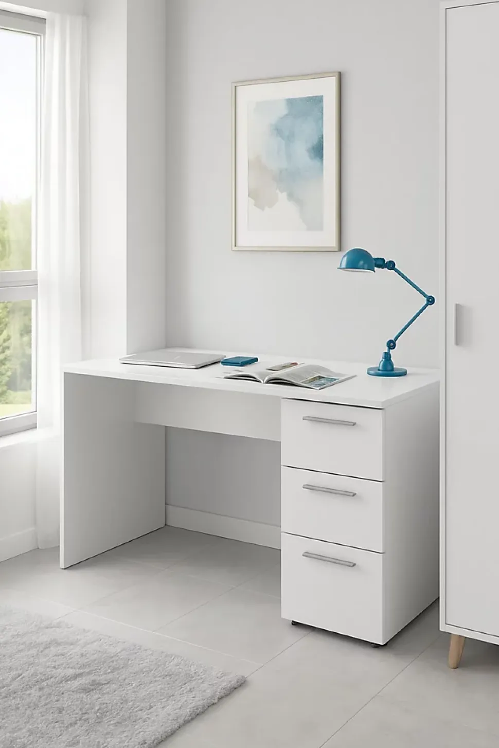 Bureau Alimet, Bureau moderne, Table d'étude avec commode avec 2 tiroirs et 1 porte, 138x60h74 cm, Blanc