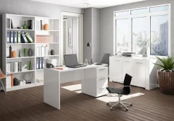 Bureau Alimet, Bureau moderne, Table d'étude avec commode avec 2 tiroirs et 1 porte, 138x60h74 cm, Blanc