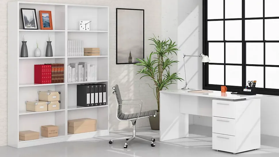 Bureau Alimet, Bureau moderne, Table d'étude avec commode avec 2 tiroirs et 1 porte, 138x60h74 cm, Blanc