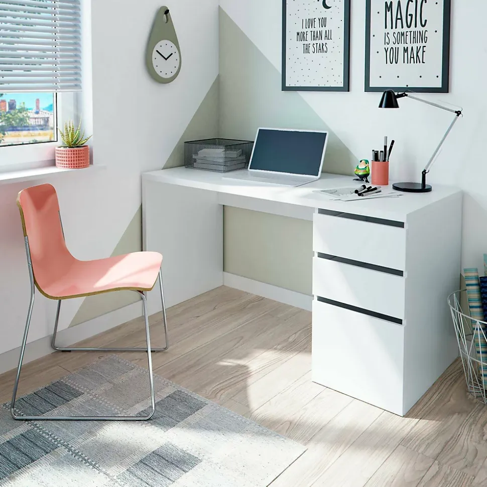 Bureau Alko, Bureau réversible avec 3 tiroirs, Table de bureau multi-positions gain de place, 138x60h74 cm, Blanc