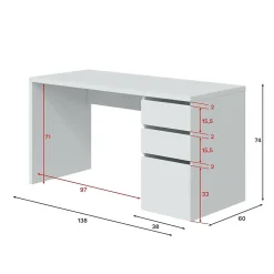 Bureau Alko, Bureau réversible avec 3 tiroirs, Table de bureau multi-positions gain de place, 138x60h74 cm, Blanc