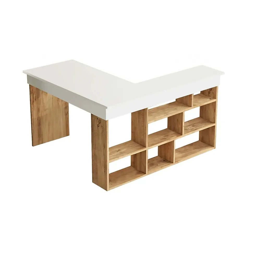 Bureau Altin, Pupitre polyvalent, Table de bureau pour PC, Plan de travail, 129x120h72 cm, Chêne et Blanc