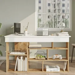 Bureau Altin, Pupitre polyvalent, Table de bureau pour PC, Plan de travail, 129x120h72 cm, Chêne et Blanc