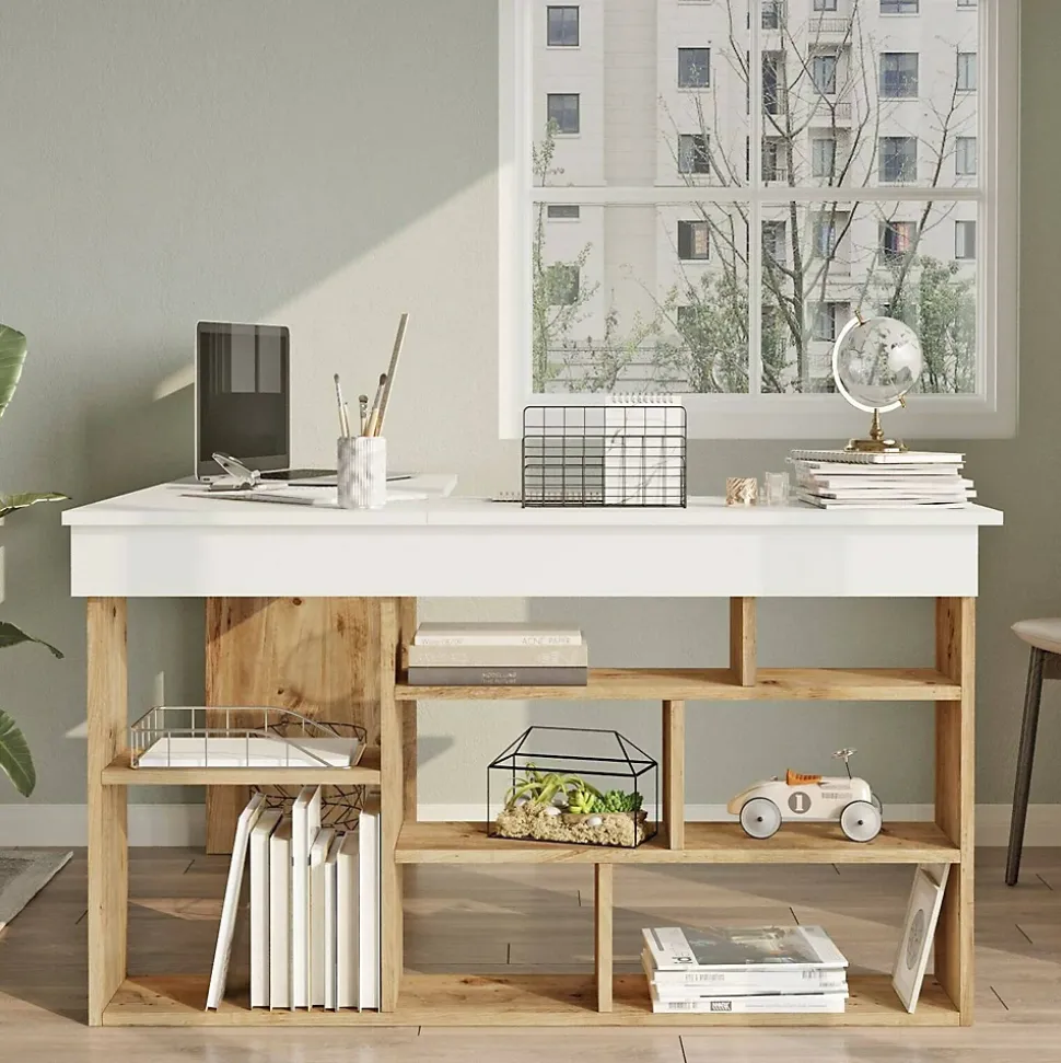 Bureau Altin, Pupitre polyvalent, Table de bureau pour PC, Plan de travail, 129x120h72 cm, Chêne et Blanc