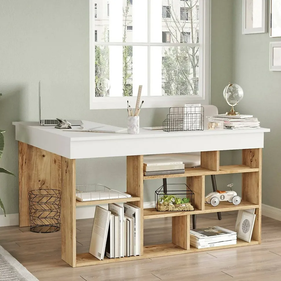 Bureau Altin, Pupitre polyvalent, Table de bureau pour PC, Plan de travail, 129x120h72 cm, Chêne et Blanc