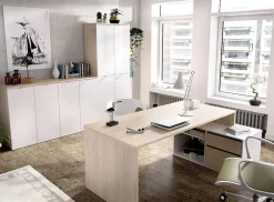 Bureau Andor, Bureau multi-positions pour le bureau ou la chambre, Table d'étude d'angle polyvalente, 139x92h75 cm, Blanc et Chêne