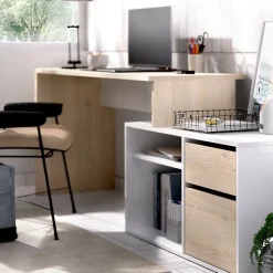 Bureau Andor, Bureau multi-positions pour le bureau ou la chambre, Table d'étude d'angle polyvalente, 139x92h75 cm, Blanc et Chêne
