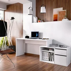 Bureau Andor, Bureau multi-positions pour le bureau ou la chambre, Table d'étude d'angle polyvalente, 139x92h75 cm, Blanc