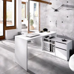 Bureau Andor, Bureau multi-positions pour le bureau ou la chambre, Table d'étude d'angle polyvalente, 139x92h75 cm, Blanc