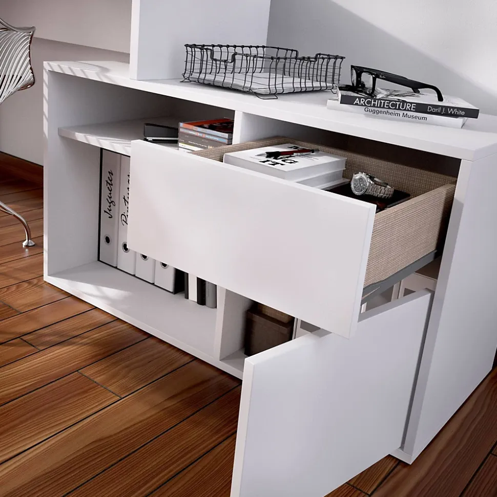 Bureau Andor, Bureau multi-positions pour le bureau ou la chambre, Table d'étude d'angle polyvalente, 139x92h75 cm, Blanc