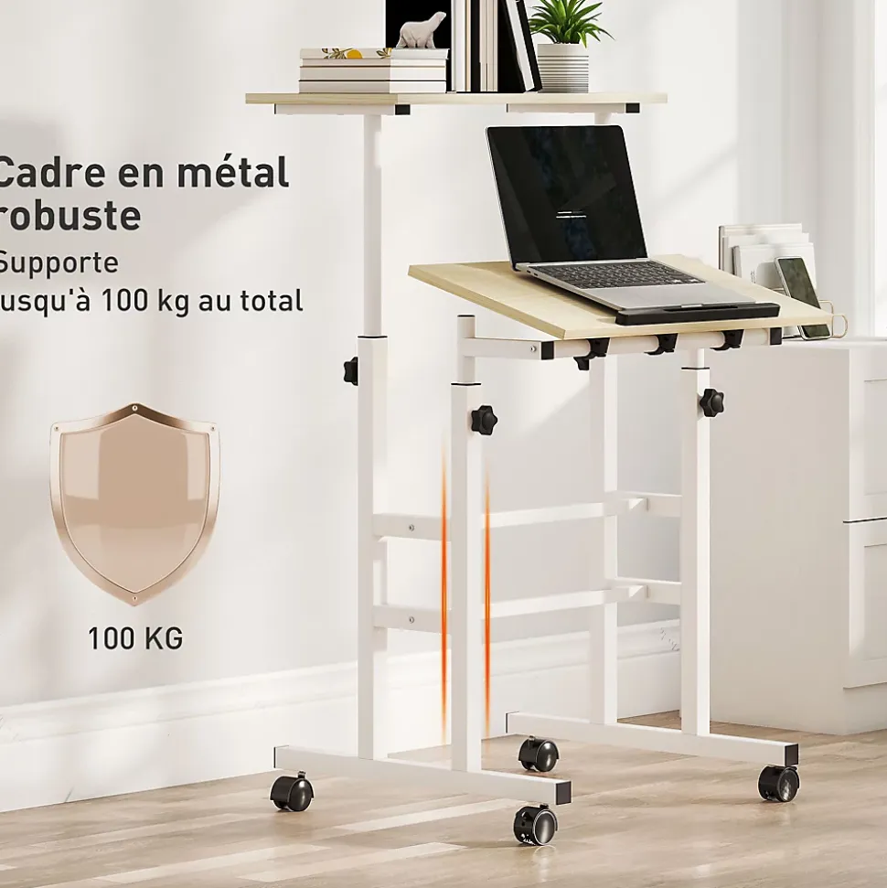 Bureau assis debout inclinable réglable H.70,5-120 cm mobile 2 plateaux métal blanc effet bois clair
