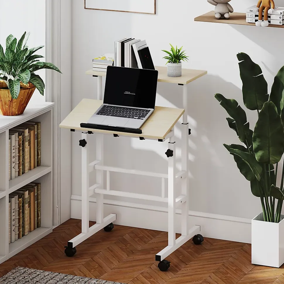Bureau assis debout inclinable réglable H.70,5-120 cm mobile 2 plateaux métal blanc effet bois clair