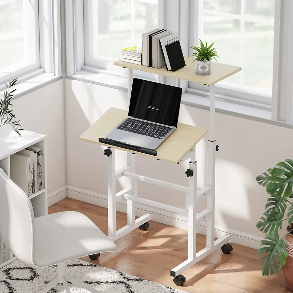 Bureau assis debout inclinable réglable H.70,5-120 cm mobile 2 plateaux métal blanc effet bois clair