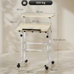 Bureau assis debout inclinable réglable H.70,5-120 cm mobile 2 plateaux métal blanc effet bois clair
