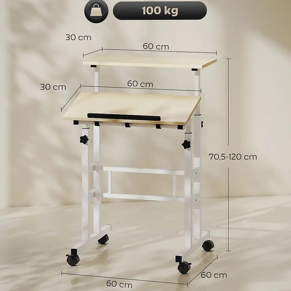 Bureau assis debout inclinable réglable H.70,5-120 cm mobile 2 plateaux métal blanc effet bois clair