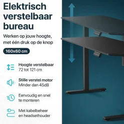 Bureau Assis-Debout, Electrique Réglable, Gaming, Avec Support Casque Et Gestion Des Câbles, 160x60cm, Noir