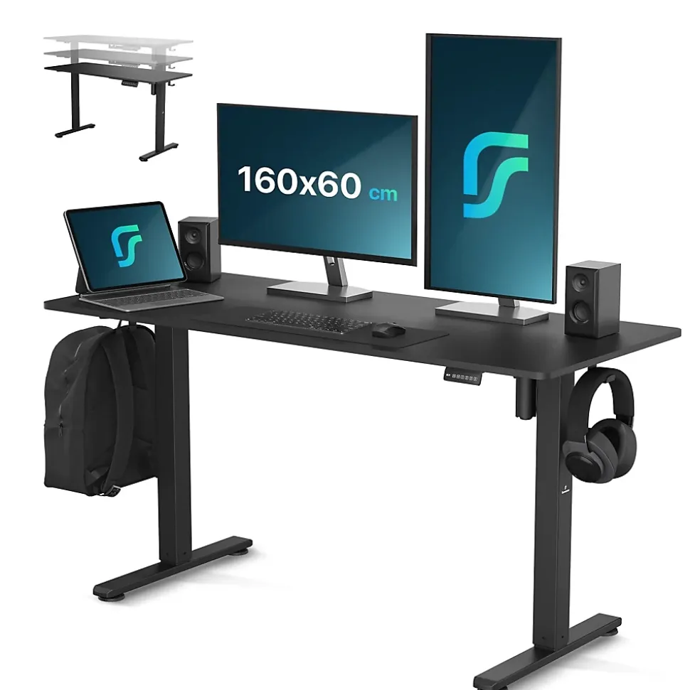 Bureau Assis-Debout, Electrique Réglable, Gaming, Avec Support Casque Et Gestion Des Câbles, 160x60cm, Noir