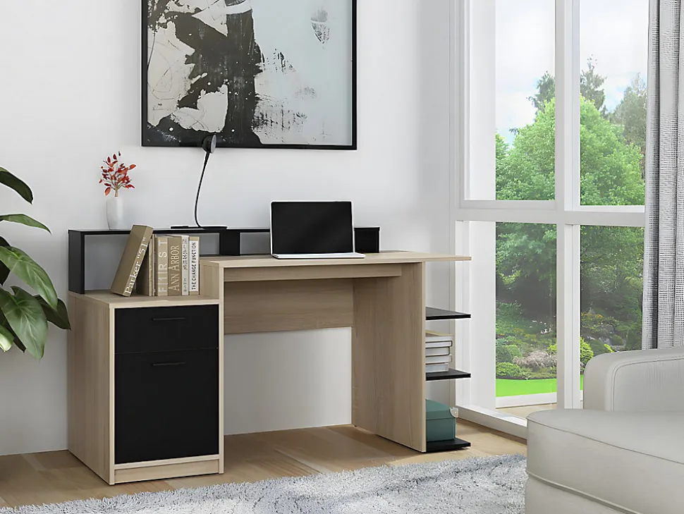 Bureau avec rangements ZACHARIE - Coloris : chêne et noir