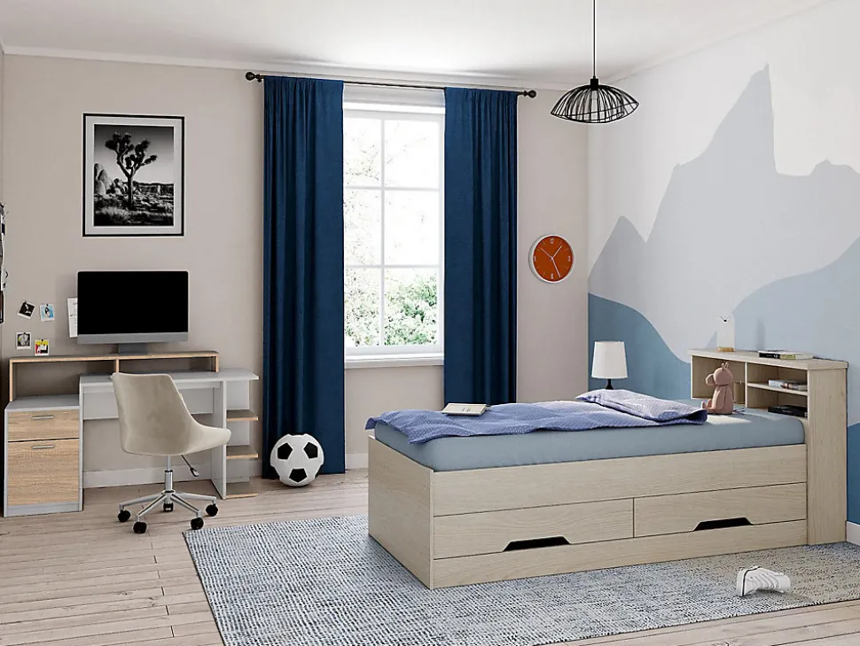 Bureau avec rangements ZACHARIE - Blanc et chêne