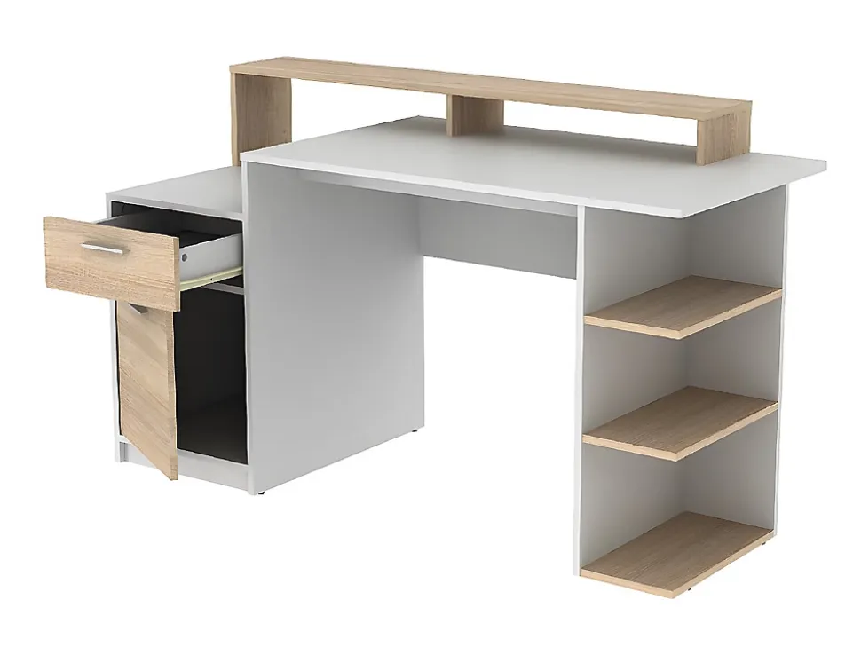 Bureau avec rangements ZACHARIE - Blanc et chêne
