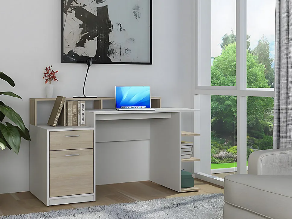 Bureau avec rangements ZACHARIE - Blanc et chêne