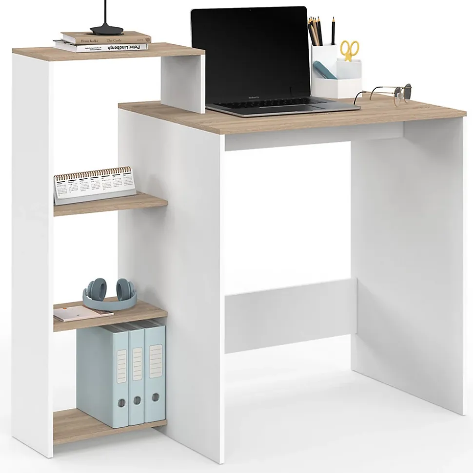 Bureau avec étagères modulables latérales LILIAN bois façon hêtre et blanc